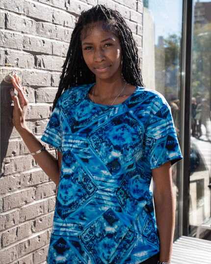 woman wearing blue shirt